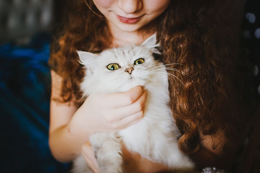girl petting cat